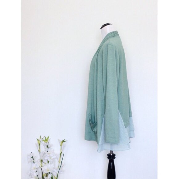 LOGO by Lori Goldstein Open Front Cardigan Swiss Dot Trim Green SZ L - Picture 2 of 6